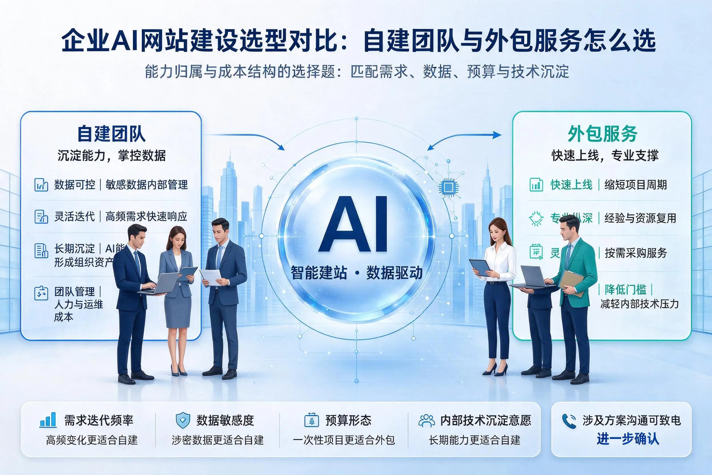 承德企业AI网站建设选型对比：自建团队与外包服务怎么选